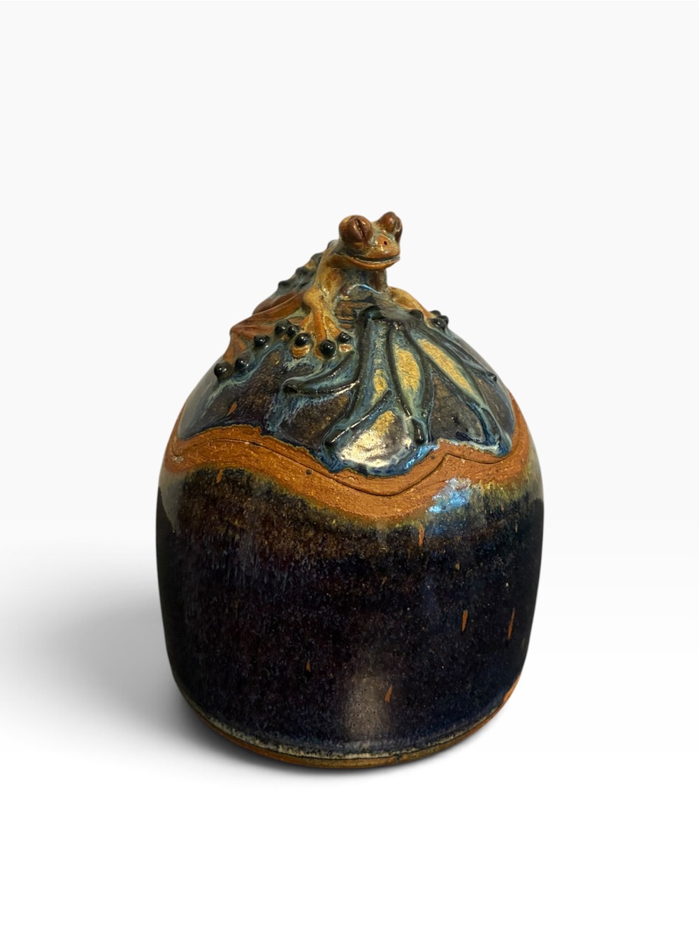 Studio Art Pottery Frog Lidded Jar Salt Glaze Cobalt Blue Brown Signed